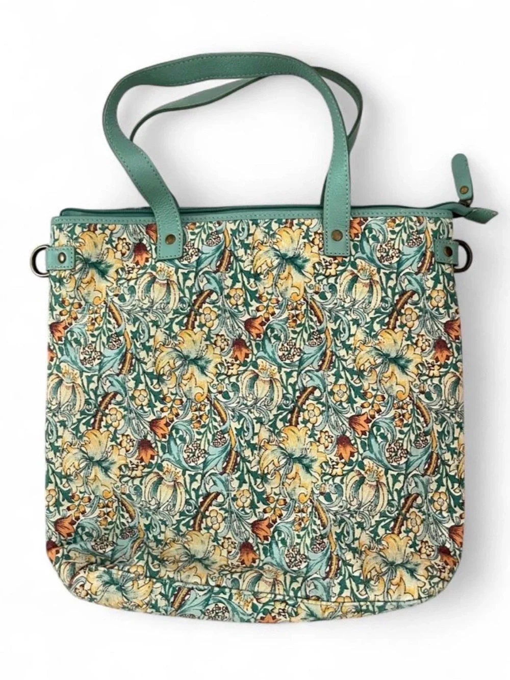 Myra Bag Teal Floral Canvas Tote with Tan and Yellow Accents